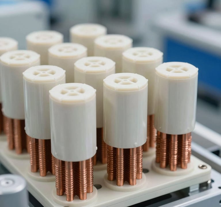 Clean, macro photography of high-density cooling components and copper heat reuse systems in a modern facility. The lighting is bright and industrial, using off-white and mid blue tones, emphasizing precision engineering.