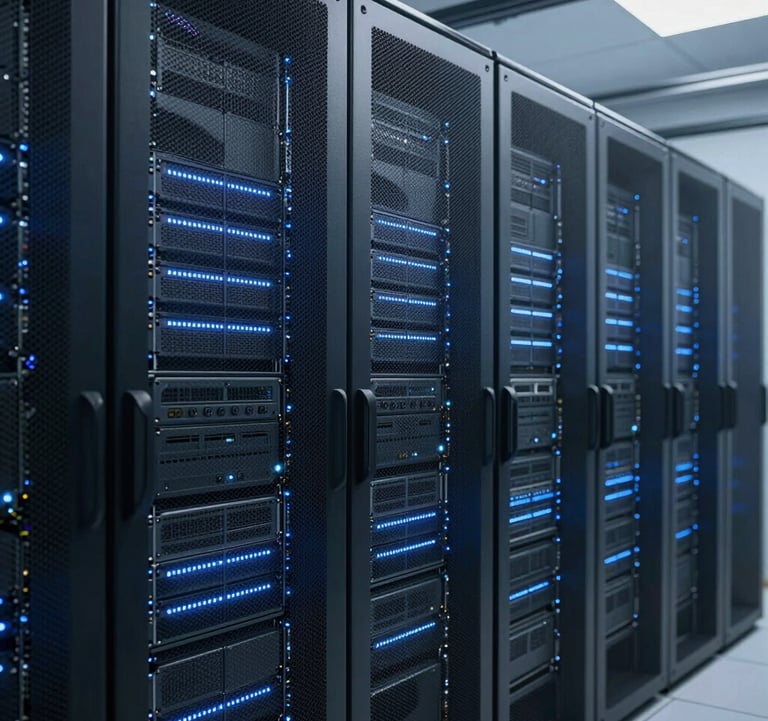 A high-resolution interior photograph of a high-density server room. The composition focuses on the precision alignment of server racks glowing with soft blue LEDs, emphasizing a clean, high-tech, and secure Western European environment.