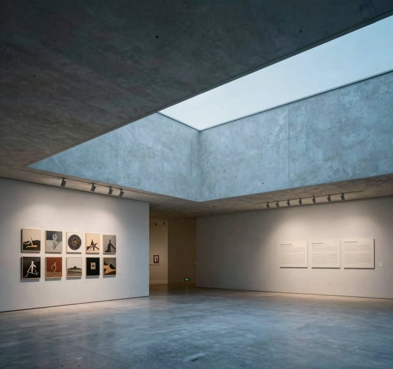 A photography shot of a modern architectural gallery space in Western Europe, symbolizing cultural legitimacy and the Future Museum ecosystem, with soft blue-gray lighting.