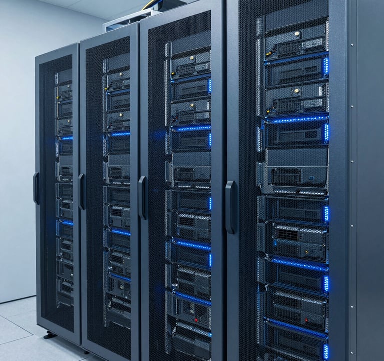 Photography of a high-density GPU server cluster inside a clean, modern data hall in Western Europe. The equipment is illuminated by subtle blue LED accents with a light blue-grey metal finish. Sharp focus on the hardware engineering, conveying security and cutting-edge innovation.