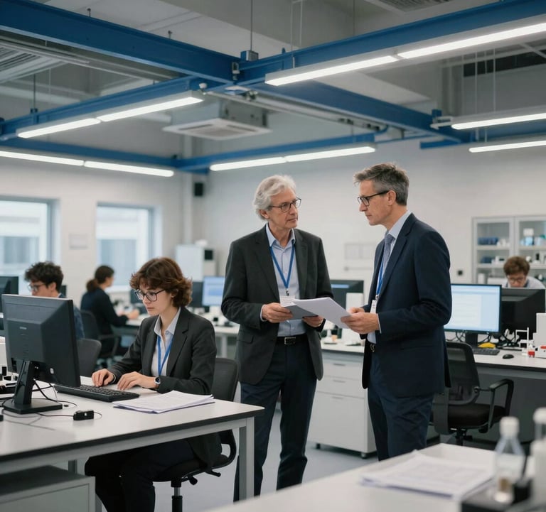A professional Western European research environment for AI education. The setting is clean and minimalist, with high ceilings and steel blue accents, representing academic and industrial collaboration.