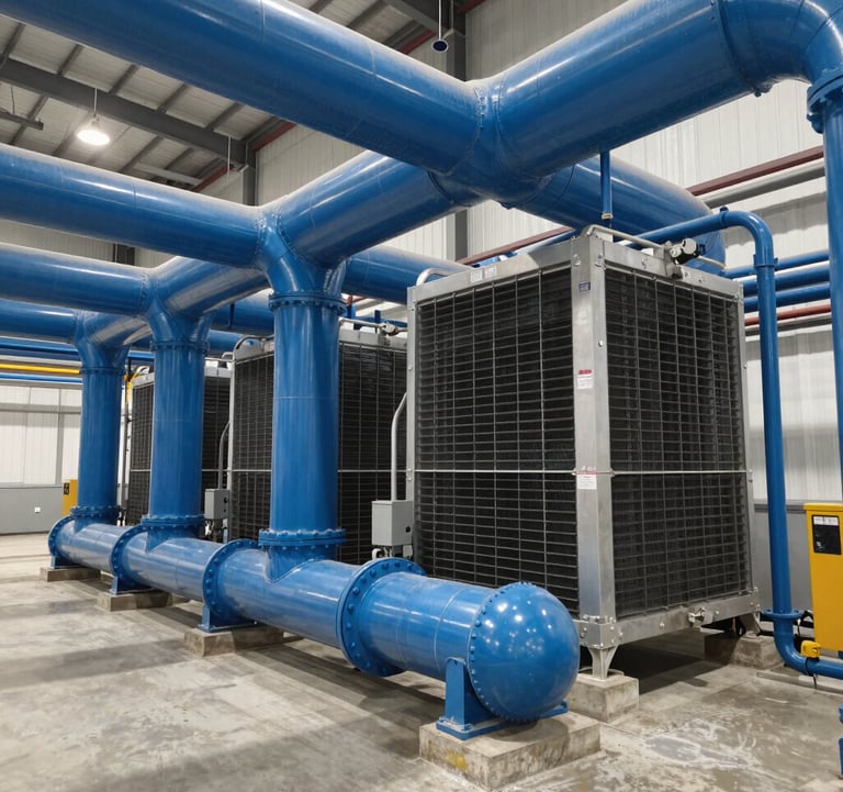 Interior view of industrial-scale high-density cooling infrastructure. Large slate blue pipes and advanced heat reuse systems are visible. Clean, professional composition showcasing Western European industrial engineering and energy-aware site planning.