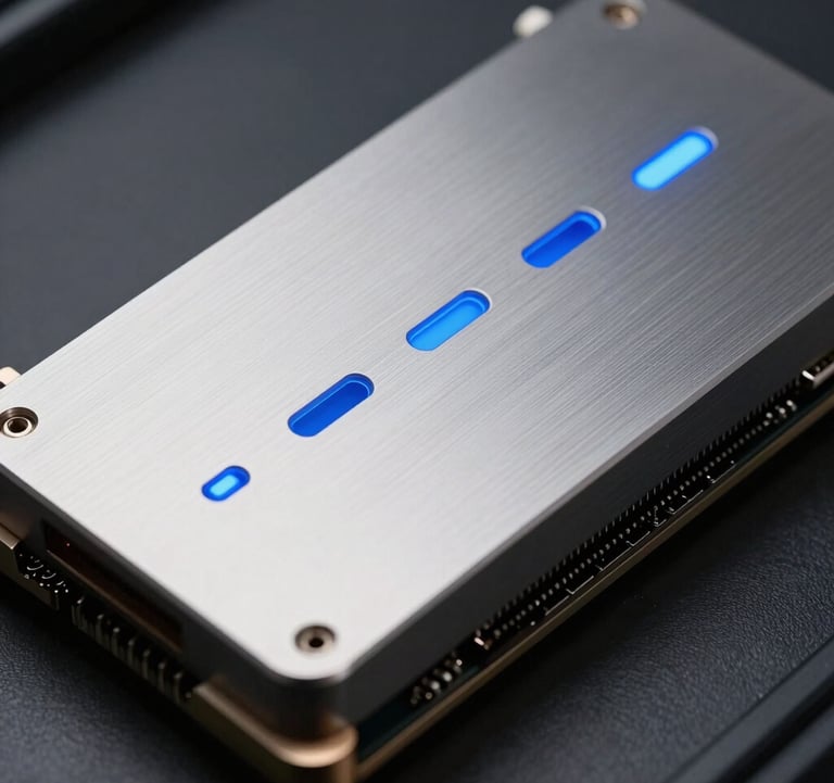 Close-up cinematic shot of state-of-the-art GPU hardware modules. Sleek brushed metal surfaces with subtle steel blue glowing indicators, captured in a clean and high-tech photography style.