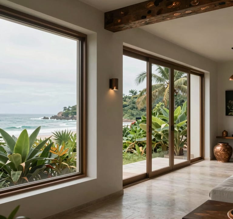 Clean photography of a modern Latin American interior with large windows showing a view of the lush greenery and the ocean in Puerto Escondido. Soft natural lighting, bronze decor accents.