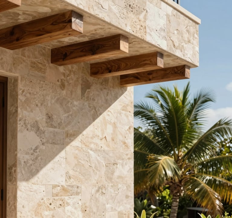 A close-up of high-end architectural details in a Mexican coastal development. Focus on natural textures like sand-colored stone, polished wood beams, and a glimpse of lush tropical greenery under bright midday sunlight.