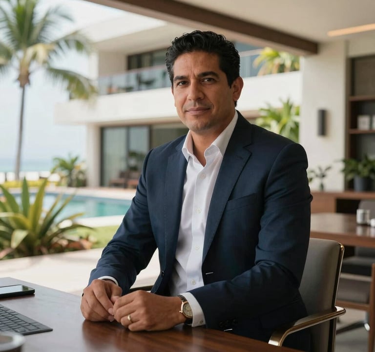 A professional Latin American business consultant in a high-end, open-air office environment in Puerto Escondido. In the background, modern architecture and tropical foliage create an atmosphere of security and luxury.