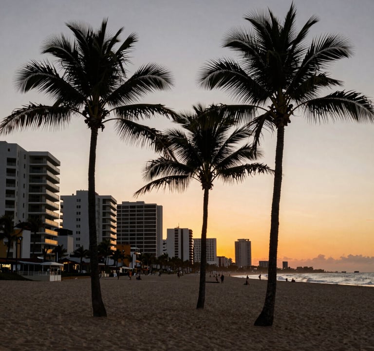 A scenic landscape shot of Zicatela beach at sunset, with a focus on the elegant silhouettes of palm trees and high-end coastal developments. Professional photography with high contrast.