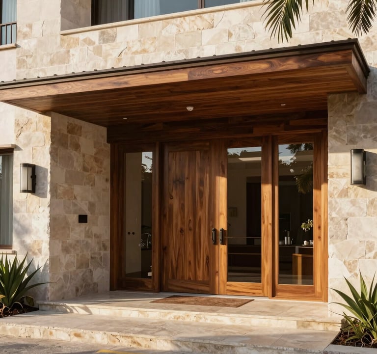 Architectural photography of a luxury residential entrance in Puerto Escondido, using local stone and high-quality wood. The lighting is bright and warm, reflecting a professional and premium feel.