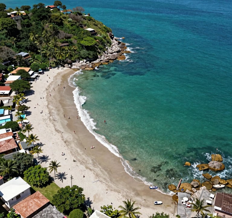 An aerial drone perspective of a pristine turquoise bay in Puerto Escondido, Oaxaca. The scene showcases the natural beauty and the exclusive lifestyle offered by premium real estate developments in the region.
