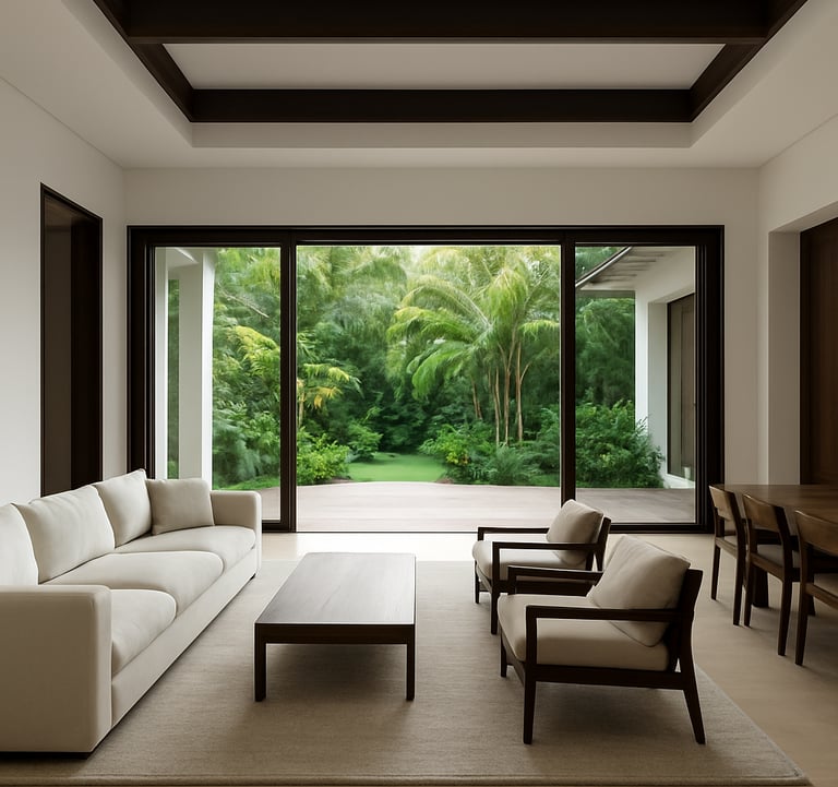 Interior of an exclusive luxury villa in Playa Grande, Costa Rica. Minimalist architectural design with white walls and dark wood accents. Large glass doors open to a lush tropical garden. Professional, clean, and high-status aesthetic.