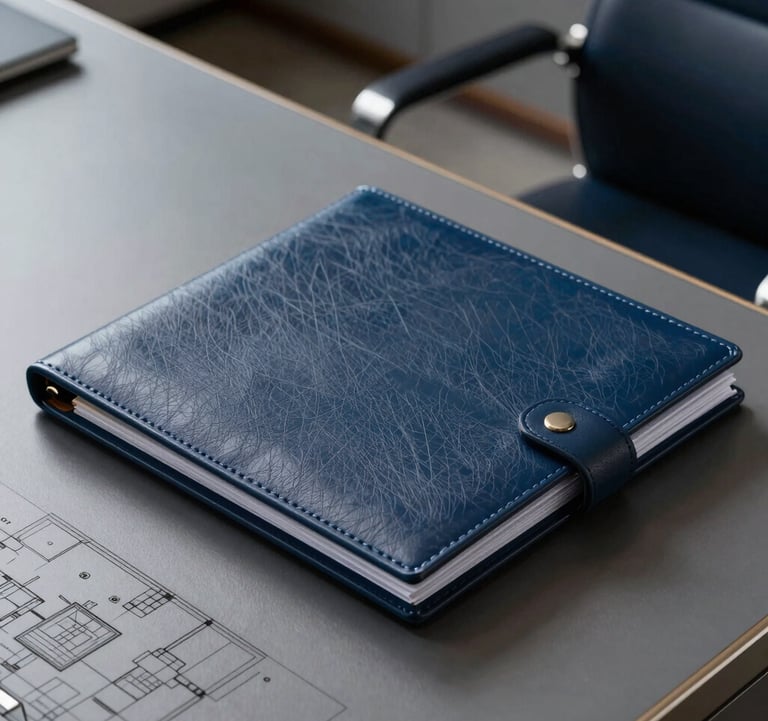 Close-up of a high-end executive desk in a professional Costa Rican office, featuring high-quality leather folders and an architectural floor plan. Steel blue and navy tones in the background, sharp focus, professional lighting.