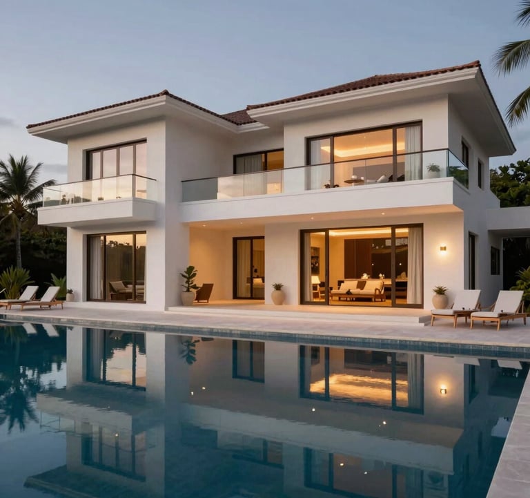 Exterior of a multi-million dollar luxury villa in Tamarindo, Costa Rica, with a seamless infinity pool reflecting the dusk sky. High-end architectural photography style in off-white and navy tones.
