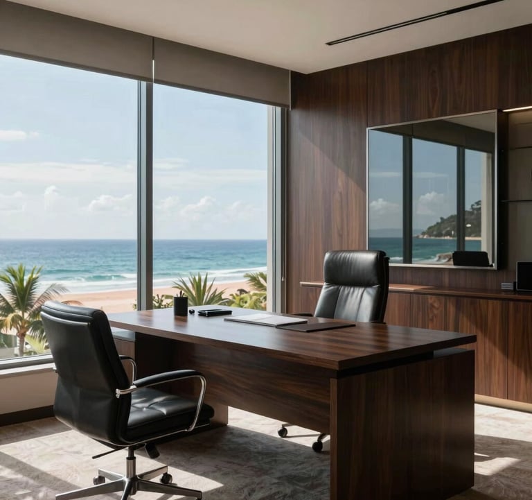 Professional photography of a minimalist executive office interior with an ocean view in Flamingo, featuring dark wood desks, leather chairs, and large windows, reflecting an atmosphere of technical professionalism, Central American / Costa Rican professional setting.