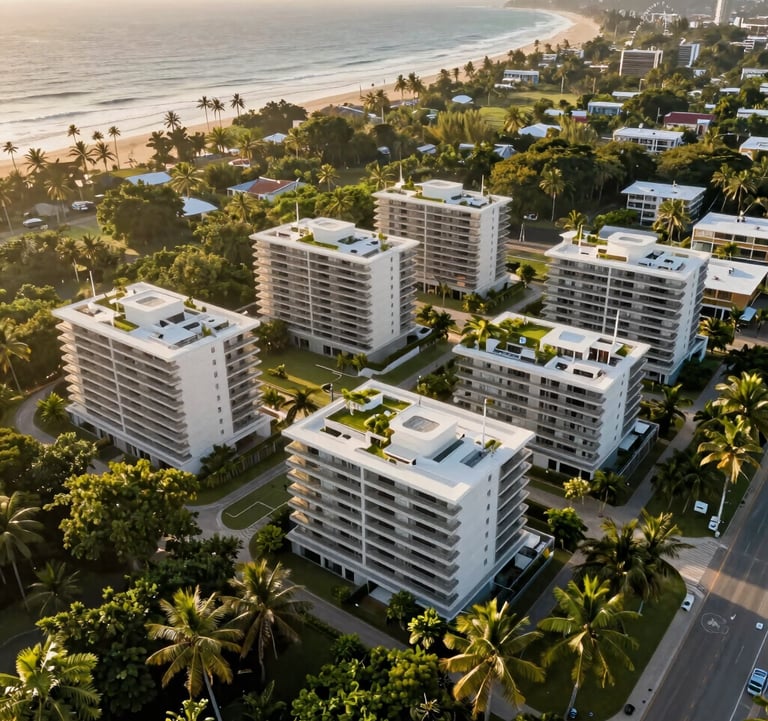 A high-angle drone shot of a luxury property development near the beach in Playa Grande, showcasing the integration of high-end architecture with the lush tropical environment, soft morning light, Central American / Costa Rican coast.