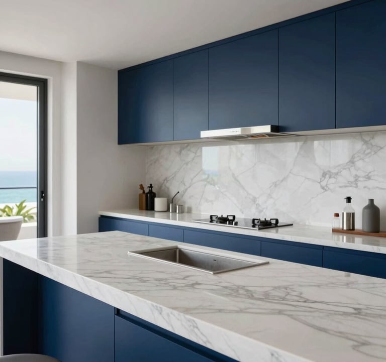 Elegant minimalist interior of a luxury penthouse in Playa Flamingo, Costa Rica, focusing on white marble surfaces and navy blue accents, high-end real estate photography.