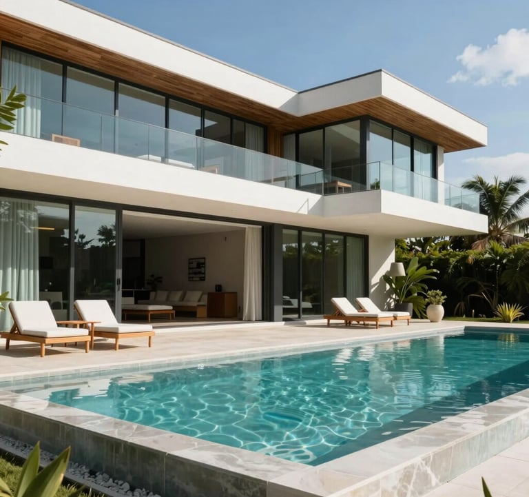 Architectural photography of a contemporary luxury villa in Playa Grande, Guanacaste, featuring clean lines, glass walls, and a private infinity pool, midday bright sun, professional clean style.