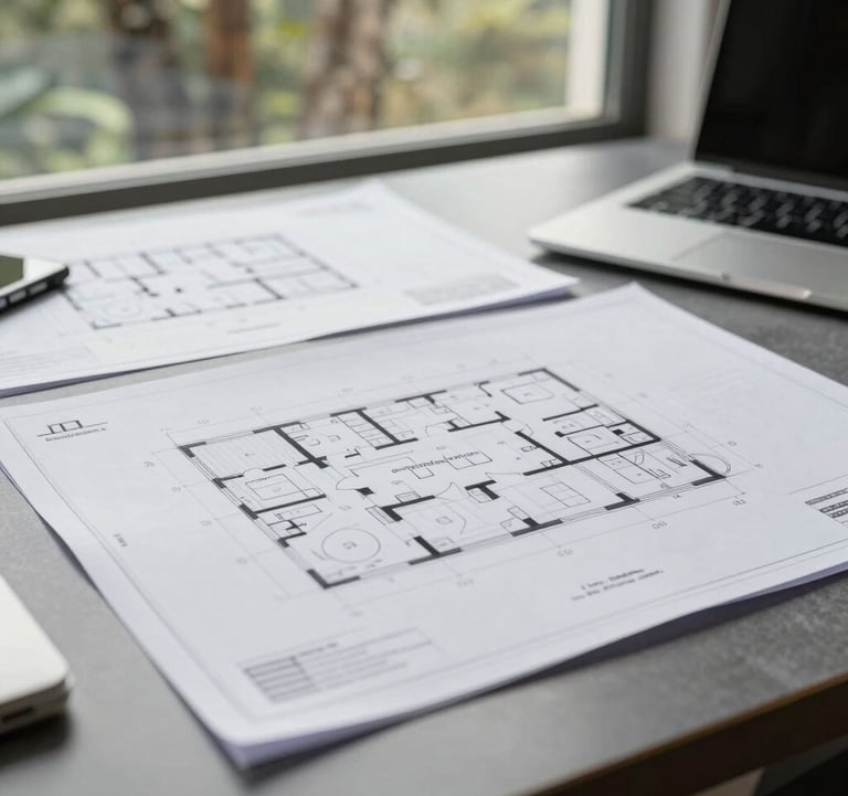 Close-up of professional architectural site plans and financial documents on a sleek desk, with a view of the Guanacaste dry forest through a window. The atmosphere is technical, precise, and executive, emphasizing professional asset valuation.
