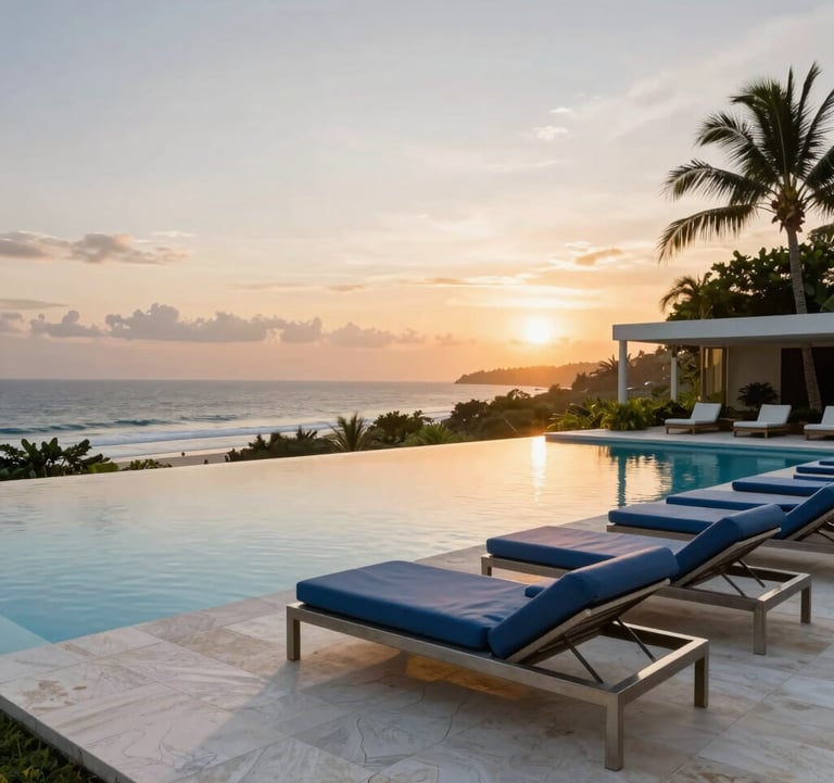 A luxury infinity pool at sunset overlooking the ocean in Flamingo, Costa Rica. Elegant outdoor lounge area with steel blue accents and off-white stone flooring, high-end real estate photography.