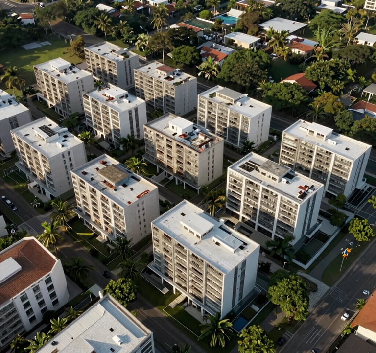 A sophisticated aerial view of a luxury residential development in Tamarindo, Costa Rica. Clean architectural lines, integration with nature, and professional lighting that communicates high-value real estate opportunities.