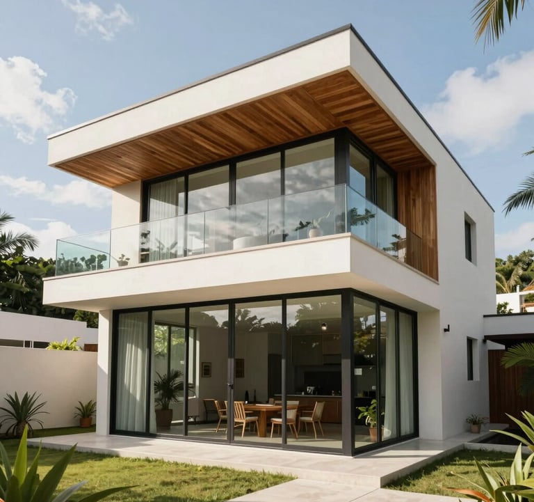 Modern tropical architectural house in Guanacaste, featuring glass walls and native wood accents during bright daylight. High-end residential design with clean lines and off-white exterior.