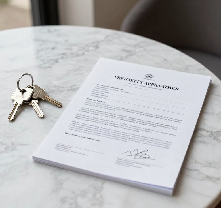 A detailed shot of a luxury property appraisal document resting on a white marble table next to a set of high-end house keys. Clean executive style with natural morning light in a Central American setting.