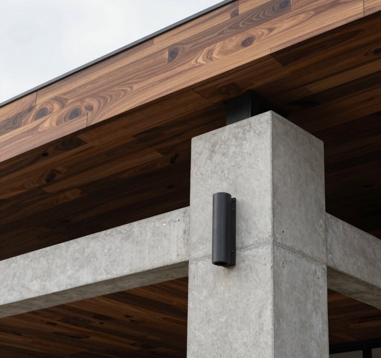 Elegant close-up photography of a modern architectural structure in Tamarindo, focusing on clean lines, high-end materials like teak wood and concrete, soft tropical light, Central American / Costa Rican design, charcoal and light gray tones.