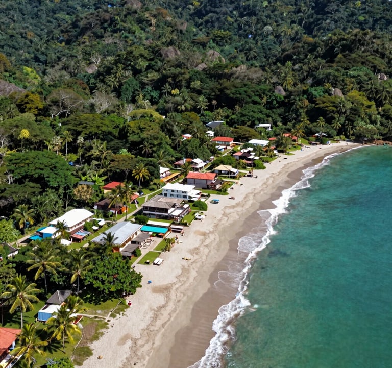 A scenic aerial view of a beachfront development site in Playa Avellanas, Costa Rica, surrounded by lush tropical nature and turquoise waters, professional real estate drone photography.