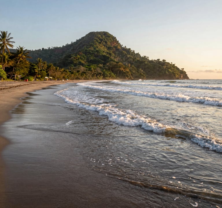 Wide angle view of Playa Grande, Costa Rica at golden hour. Serene environment with soft waves, highlighting the natural beauty and high-profile location. High-resolution landscape photography.