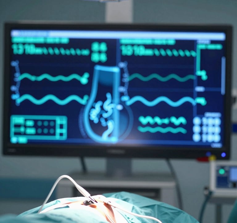 A close-up of a virtual medical simulation showing a realistic surgical theater environment with holographic vital sign displays in cyan and navy blue, set in a North American hospital context.