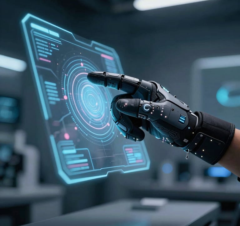 A close-up photograph of a user's hand wearing a futuristic haptic glove, interacting with a floating holographic interface in a dark, navy-lit tech lab. Fine details of the glove sensors and the light refraction in the room are visible.