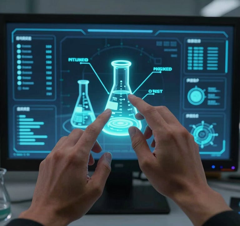 A first-person perspective photograph of a user's hands interacting with a virtual science lab dashboard, mixing chemical compounds that glow with a bright cyan light in a futuristic VR environment.
