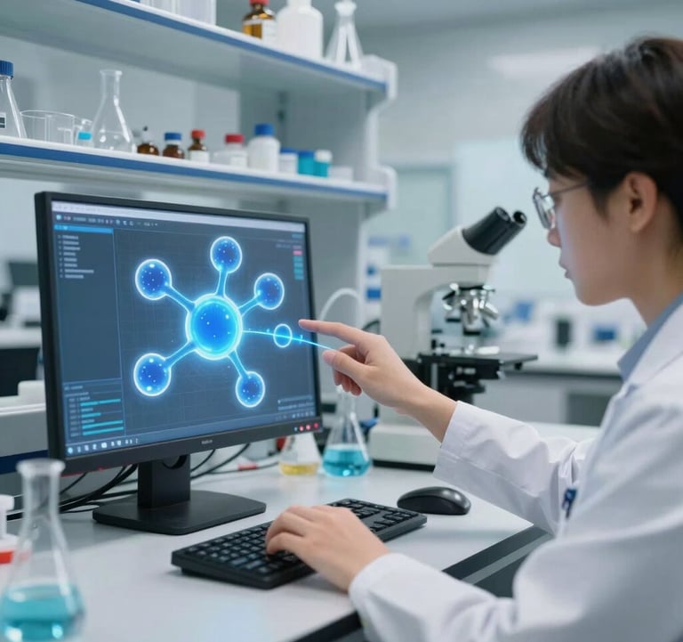 A high-resolution photo of a virtual science laboratory where a user interacts with glowing blue holographic molecules. The setting is clean, high-tech, and modern North American.