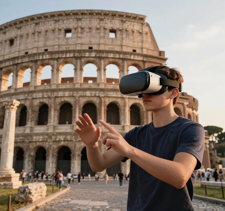 A vivid photograph of a student in the United States exploring a virtual reconstruction of ancient Rome, with realistic textures of stone and marble visible through a high-end VR interface. The lighting mimics a warm sunset.
