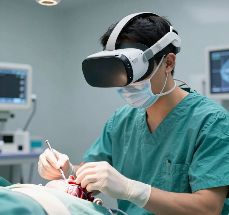 A medical professional in a North American clinical setting using a high-fidelity VR headset to perform a virtual heart surgery simulation. The lighting is clean and clinical with soft teal accents, focusing on the precision of the hand movements.