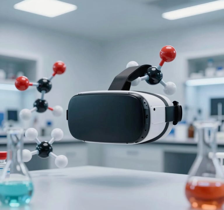 A clean, high-tech photograph of a science lab simulation within a virtual reality environment, showing detailed molecular models and interactive liquid experiments in a bright, modern North American laboratory setting.