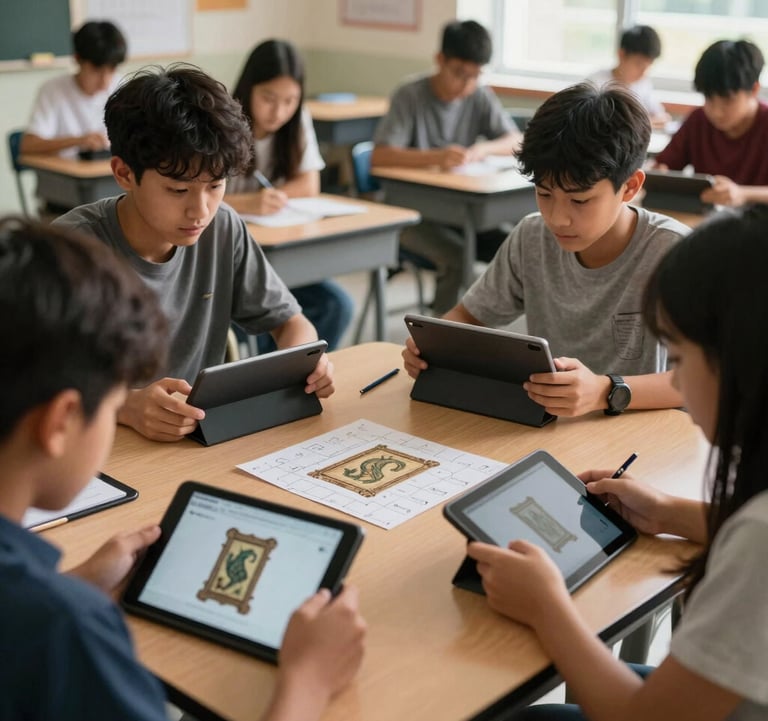 A photograph from a North American high school classroom where students are collaboratively solving a scavenger hunt using tablets and AR, looking at a virtual historical artifact displayed on their desks. Warm, natural daylight.