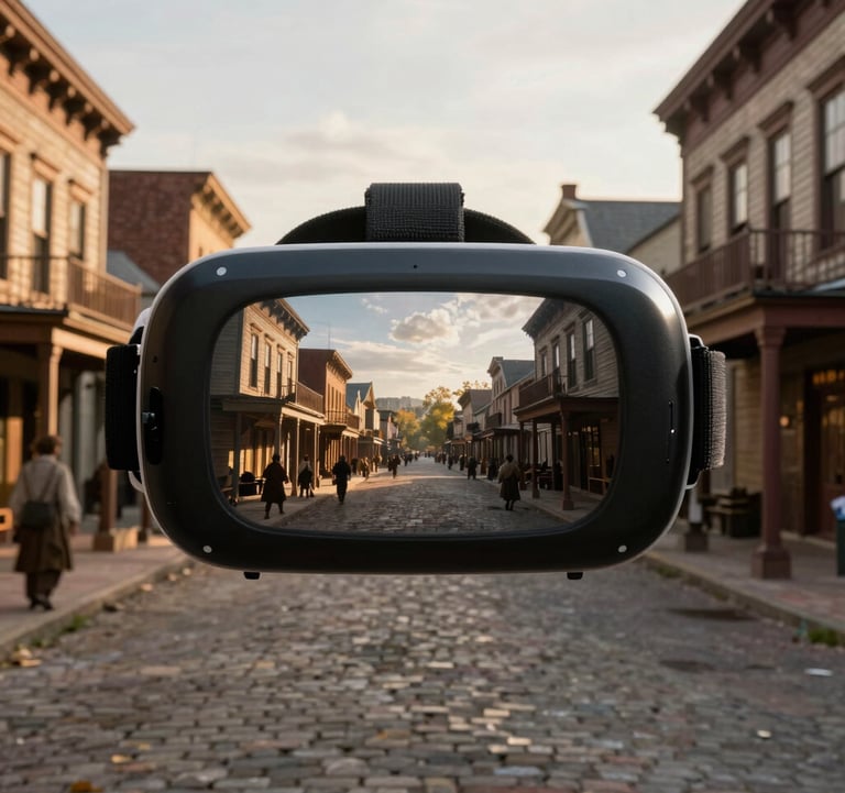 A cinematic shot of a virtual historical reconstruction of a 19th-century North American city street seen through a VR lens, with period-accurate architecture and golden hour sunlight, blending education with high-fidelity visual storytelling.