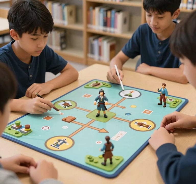 A high-quality photo of a student-designed educational game being played in a North American library, featuring 3D historical figures rendered in a sharp, realistic style. Soft cyan and navy blue color palette.