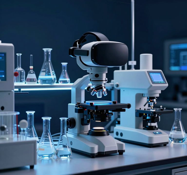 A photograph of a high-tech science lab simulation in VR, showing complex laboratory equipment and glassware glowing with a soft light blue hue against a dark navy blue background. North American setting.