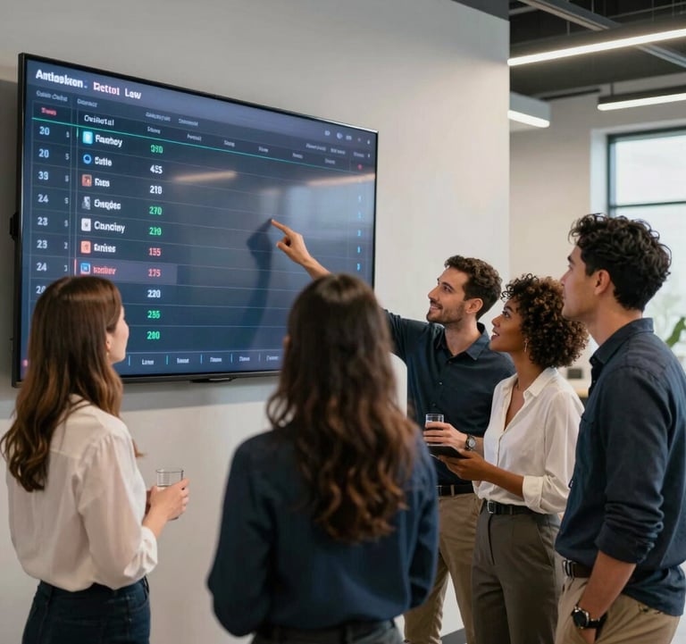 A lifestyle photograph of a group of diverse professionals in a sleek North American collaborative space, looking at a digital leaderboard on a large wall-mounted screen, celebrating a achievement with smiles and a tech-forward atmosphere.
