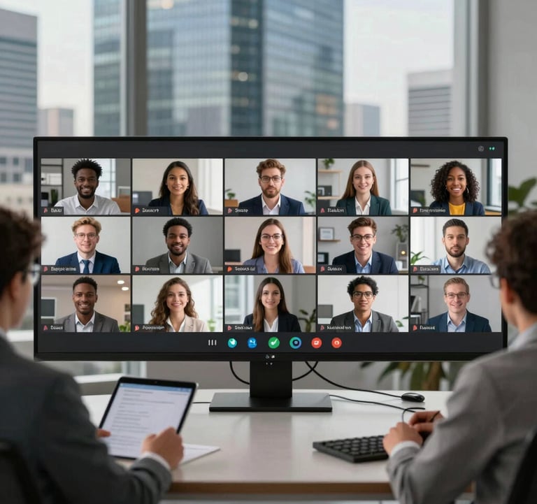 A photography-style shot of a virtual business meeting room where student avatars are engaged in a soft-skills roleplaying workshop, set in a sleek North American skyscraper interior.
