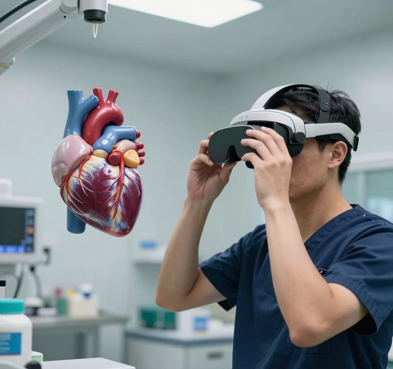 A crisp, detailed shot of a medical professional in a North American training facility using an AR headset to view a detailed 3D model of a human heart floating in the air. The lighting is bright and professional with navy blue and cyan highlights.