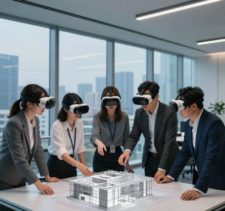 A group of professionals in a modern US corporate office using augmented reality glasses to collaborate on a 3D architectural project. The background shows a panoramic city view through floor-to-ceiling windows at dusk, with light blue interior lighting.