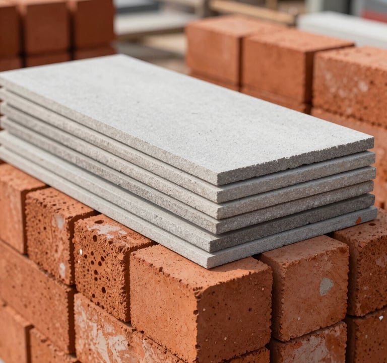 Close-up photography of high-quality construction materials and bricks neatly stacked at a vibrant Vietnamese construction site, bright daylight, professional style.