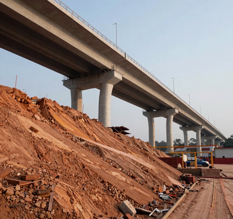 A detailed photo of a modern bridge and embankment project in Vietnam, showcasing robust civil engineering and infrastructure development. The composition is dynamic, using soft sunlight to emphasize the terracotta and gray textures.