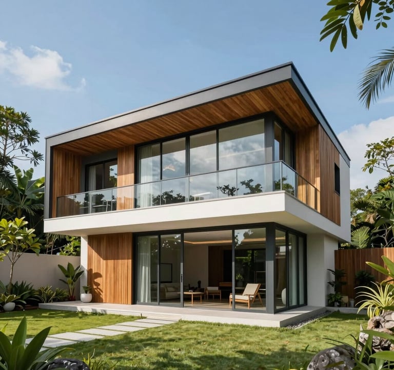 A high-end modern pre-fabricated villa by Cát Xanh set in a lush Southeast Asian garden. The architecture features clean lines, sustainable wood panels, and large glass walls under a clear blue sky. Professional photography style.