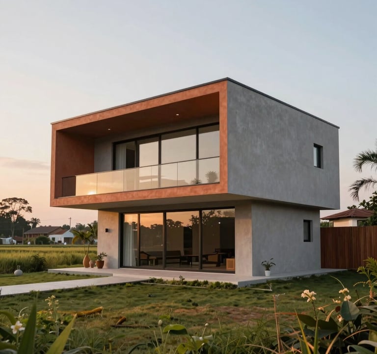 Photography of a sleek, modern prefabricated house with minimalist design, situated in a Vietnamese countryside setting, sunrise lighting, terracotta accents.