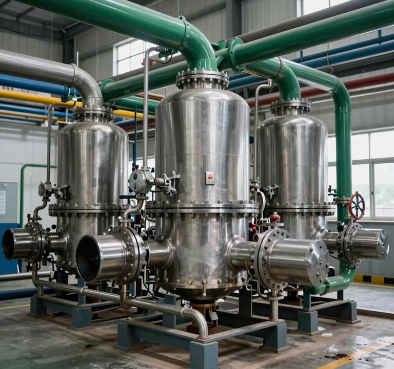 A sophisticated industrial wastewater treatment system installed at a modern factory, featuring stainless steel machinery and deep green piping, professional industrial photography.