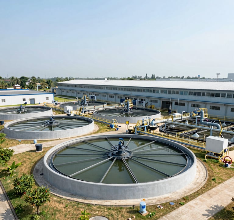 A modern water treatment facility inside a large Vietnamese factory, showcasing innovative engineering and sustainable technology, bright and clean composition.
