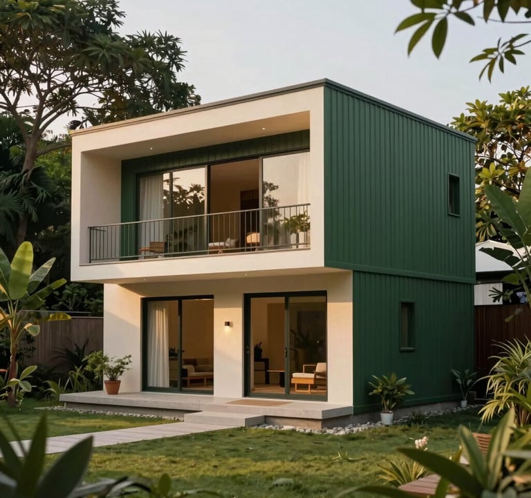 Photography of a sleek, modern prefabricated house designed with Italian style influences, situated in a lush Southeast Asian / Vietnamese garden setting. The lighting is warm, focusing on the deep green and cream surfaces.
